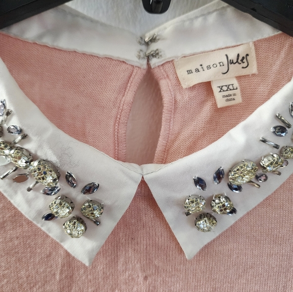 NEW SWEATER JEWELED COLLAR SIZE XXL SOFT PALE PINK BY MADISON JUlES - Picture 2 of 4